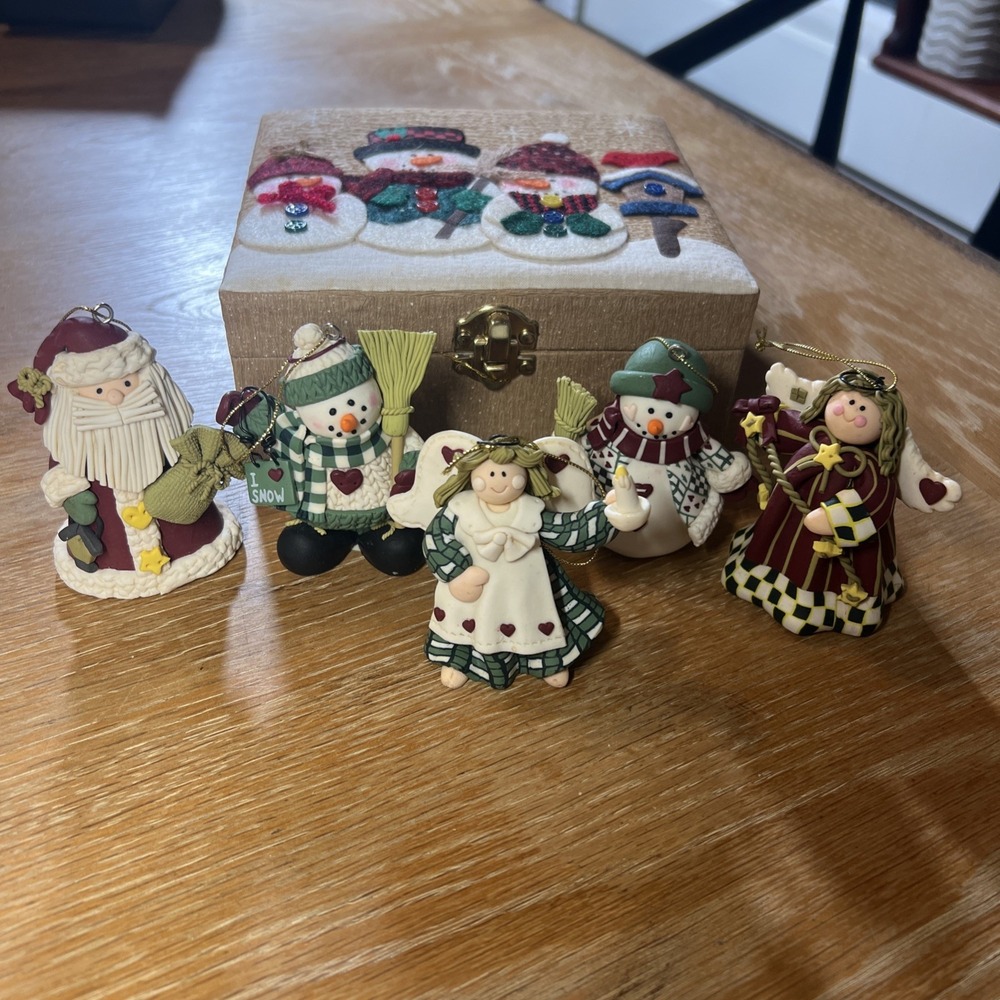 Folk Art Handcrafted Christmas Ornament Set 5 Pc Snowmen Santa Angel Gift Boxed